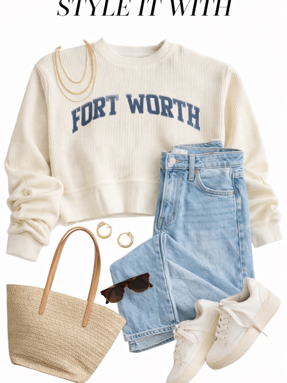 Women's Cream Waffle-Knit Crewneck Sweatshirt with Navy 'Fort Worth' Print